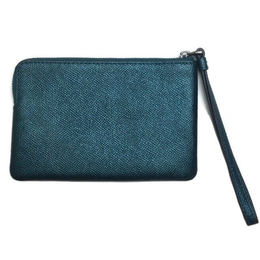 Coach Metallic Dark Teal Leather Corner Zip Wristlet - Picture 2 of 10